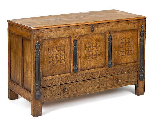 Connecticut joined oak blanket chest, late 17th c., carved façade with applied ebonized half colum