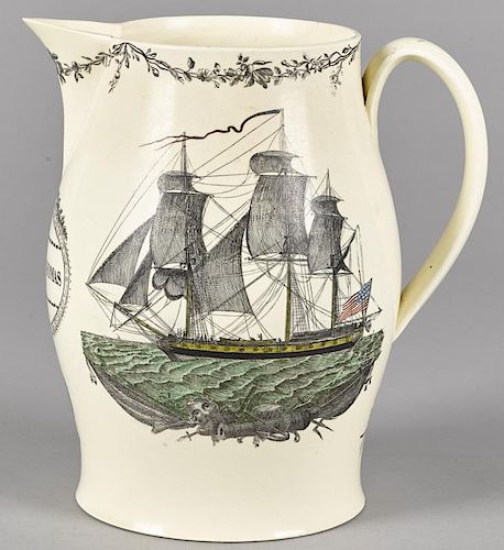 Large Liverpool Herculaneum pitcher, 19th c., with transfer decoration of Washington in Glory, the
