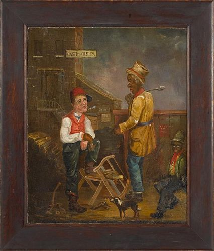 Black Americana scene, late 19th c., of three figures outside a Cash for Hides office, 22'' x 18''.