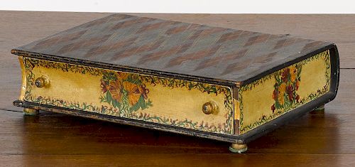 New England painted book-form dresser box, ca. 1820, retaining its original decoration of a tartan