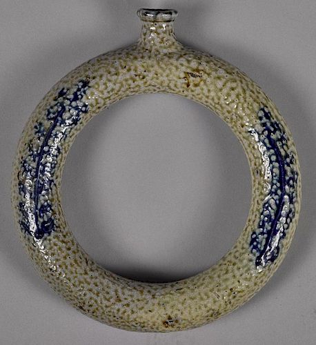 Stoneware ring flask, 19th c., Pennsylvania or Southern, with cobalt decoration, 9 1/4'' dia.