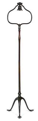 Tiffany Studios patinated bronze harp floor lamp, with trefoil base and leaf feet, 55'' h.
