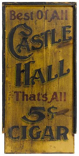 Painted double-sided Castle Hall Cigar trade sign, early 20th c., 41 1/2'' x 20''. Originally from