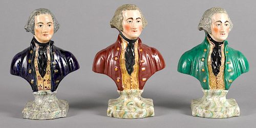 Three Staffordshire busts of George Washington, late 19th c., 8'' h. Provenance: Rentschler collect