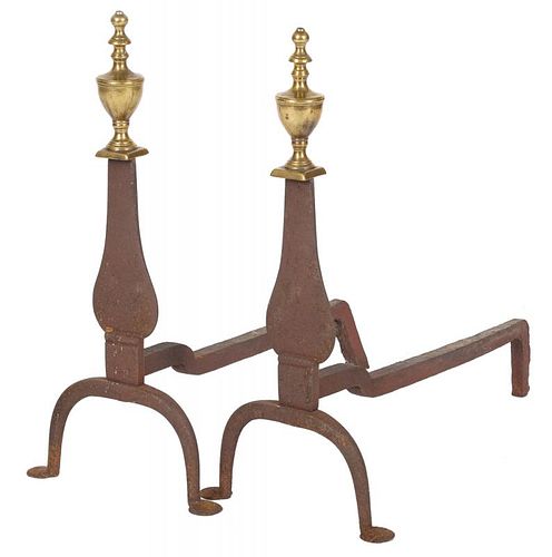 Pair of Federal knife blade andirons, late 18th c., with brass urn finials, 21'' h.