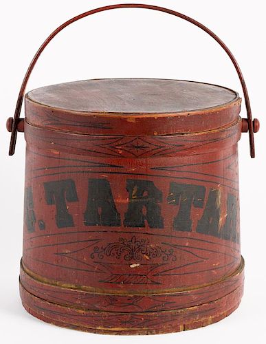 Large Maine painted pine firkin, inscribed C. Tarter, initialed J. C. L. on lid, also impresse