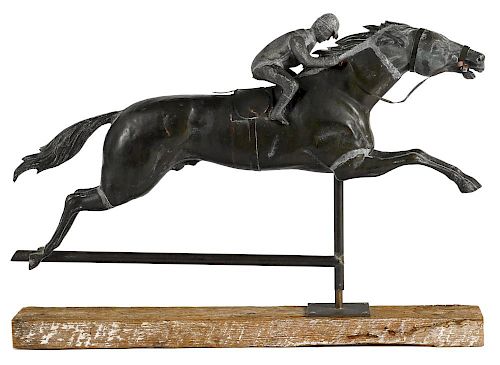 Full bodied horse and jockey weathervane, early 20th c., with cast head and figure, 29'' l.