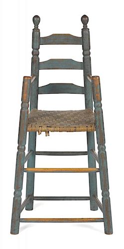 New England painted ladderback highchair, ca. 1800, retaining an old blue surface.