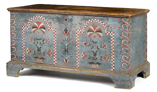Pennsylvania painted pine dower chest, late 18th c., decorated with floral sprays and checkerboard
