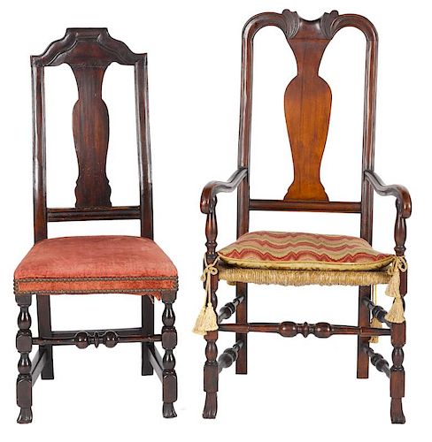 New England Queen Anne maple armchair, 18th c., together with a similar side chair. Provenance: Re