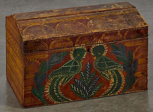 Painted pine dome lid box, 19th c., retaining its original red and yellow sgrafitto decoration wit