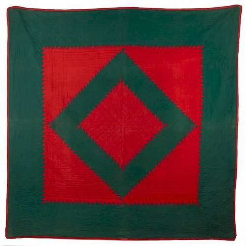 Amish red and green sawtooth quilt, early/mid 20th c., 76'' x 74''.