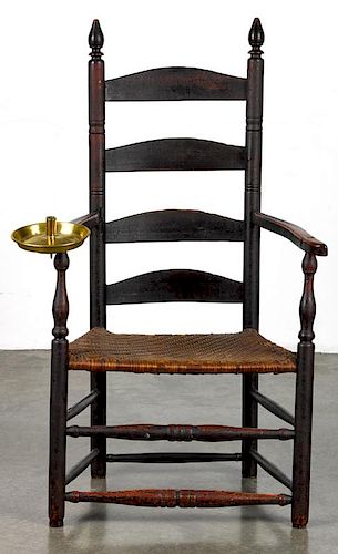 New England painted ladderback armchair, 18th c., one handhold fitted with an early brass chambers