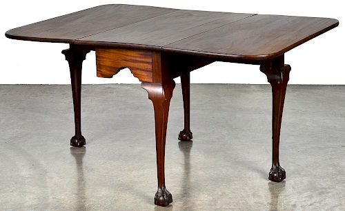 Pennsylvania Chippendale mahogany drop leaf dining table, ca. 1770, with ball in claw feet, 27 3/4
