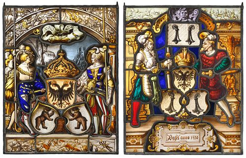 Two Continental Renaissance Hand Painted Leaded and Stained Glass Panels