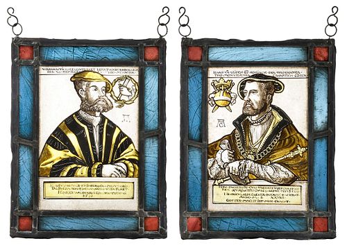 Pair of German Renaissance Hand Painted Leaded Stained Glass Panels