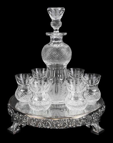 Reed and Barton Edinburgh Glass Decanter and Cups with Silverplate Mirrored Plateau 