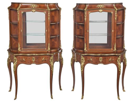 Fine Pair of Gervais Durand Louis XV Style Bronze Mounted, Marquetry and Kingwood Vitrines on Stands