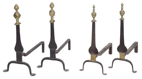 Two Pairs of Knife Blade Brass and Iron Andirons