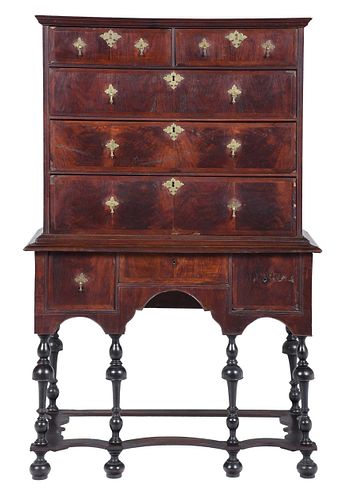 New England William and Mary Figured Walnut High Chest of Drawers
