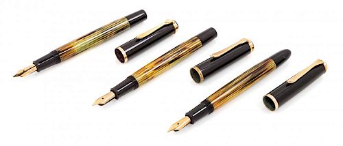 A Collection of Three Vintage Pelikan 400 Fountain Pens Length of longest 5 1/8 inches.