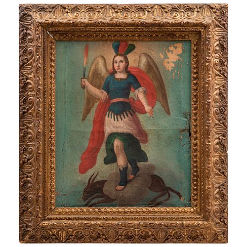 SAN MIGUEL ARCÁNGEL. MÉXICO, SIGLO XVIII. Óleo sobre tela. 47 x 36 cm