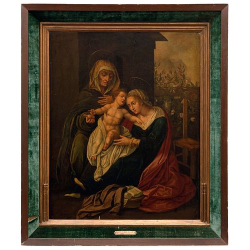 LA VIRGEN CON EL NIÑO Y SANTA ANA. PAÍSES BAJOS, SIGLO XVI. Óleo sobre tabla. Con placa referida: "Pieter van Aelst". 62 x 52 cm