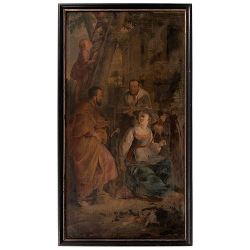 ESCENA COSTUMBRISTA CON HILANDERA. EUROPA , SIGLO XVIII. Óleo sobre tela. 232 x 123 cm