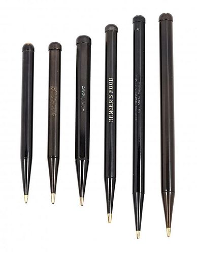 A Collection of Six Vintage Montblanc Pencils Length of longest 5 3/4 inches.