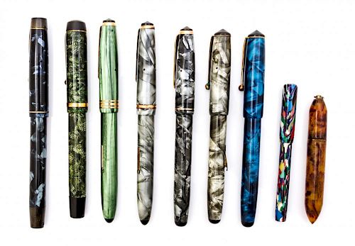 A Collection of Nine Onoto Fountain Pens Length of longest 5 1/4 inches.