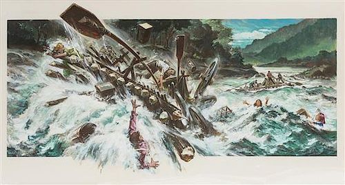 Reynold Brown, (American, 1917-1991), How the West Was Won 1962, two works, depicting "The Settlers' Raft is Caught in the Ra