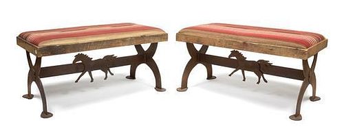 Two Iron Contemporary Southwestern Style Benches Each height 20 1/2 x width 39 x depth 21 inches.