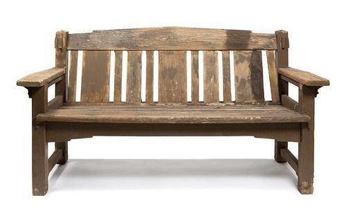 A Pine Exterior Bench Height 35 x width 64 x depth 26 inches.