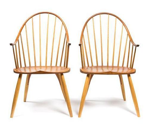 A Pair of Cherry and Ash Continuous Arm Chairs Height 41 x width 22 1/2 x depth 16 1/2 inches.