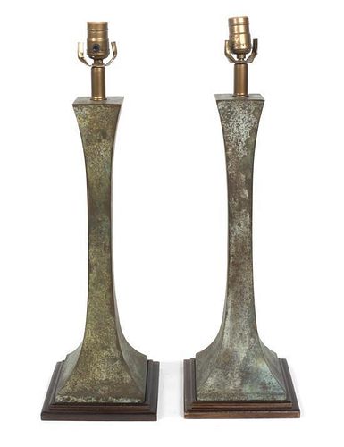 A Pair of Patinated Metal Table Lamps Height 24 inches.