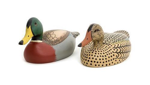 A Collection of Painted Wood Decoys Height of largest 6 x length 15 inches.