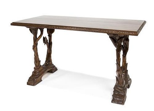 Two Black Forest Style Oak Tables Height 28 1/2 x width 55 x depth 28 inches.