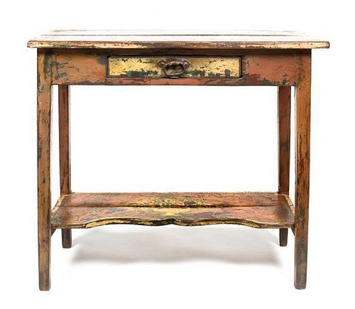 A French Painted Single Drawer Table Height 31 1/2 x width 36 1/4 x depth 17 inches.