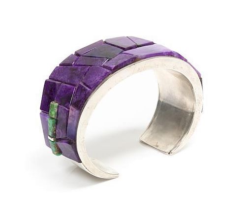 A Pascua Yaqui Silver, Sugilite and Turquoise Cuff, Na Na Ping (Michael Garcia, b. 1953) Length 7 1/4 plus opening 1 1/8 x wi