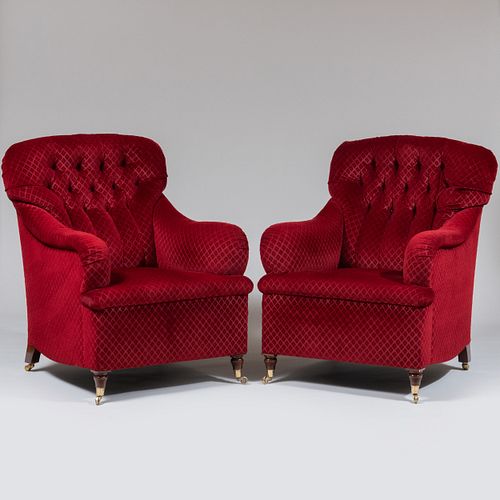 Pair of Napoleon III Style Tufted Gaufrage Velvet Club Chairs