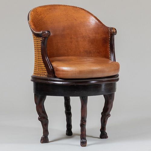 Continental Mahogany, Caned and Leather-Upholstered Swivel Desk Chair