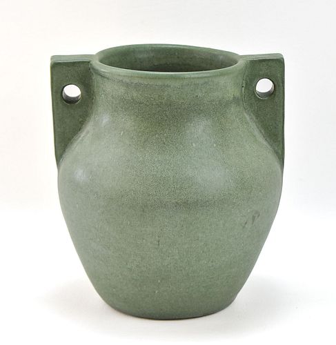 ARTS & CRAFTS GREEN MATTE DOUBLE HANDLED POTTERY VASE