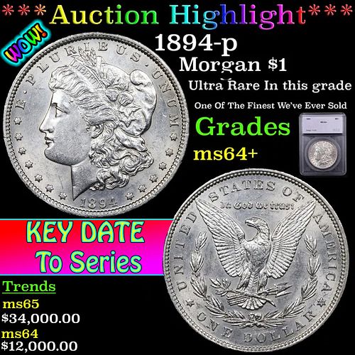 ***Auction Highlight*** 1894-p Morgan Dollar 1 Graded ms64+ BY SEGS (fc)