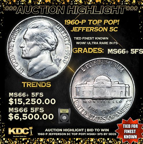 ***Auction Highlight*** 1960-p Jefferson Nickel TOP POP! 5c Graded ms66+ 5fs BY SEGS (fc)