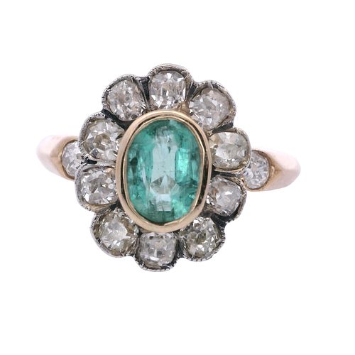 Antique 18k Gold and Platinum Ring with Emerald and Diamonds