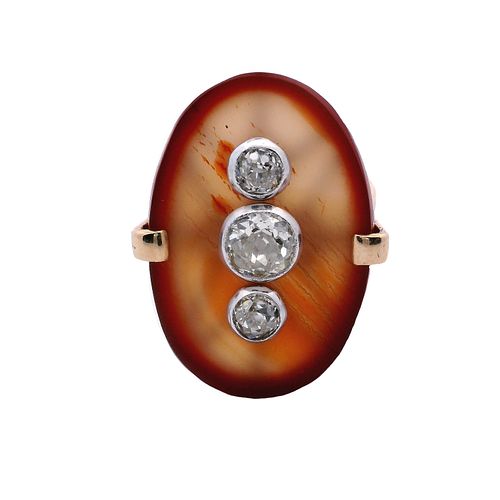 Art Deco 18k Gold Ring with Diamonds and Carnelian