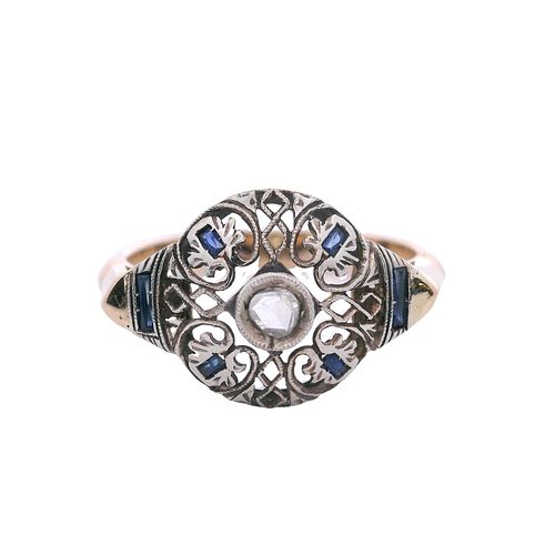 Art Deco 18k Gold and Platinum Ring with Diamonds and Sapphires