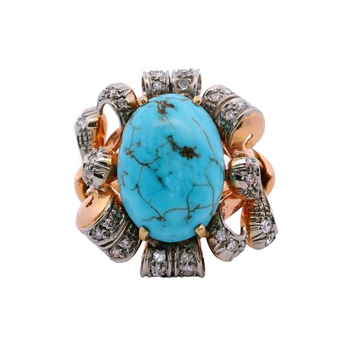 Retro 18k Gold Ring with Turquoise and Diamonds