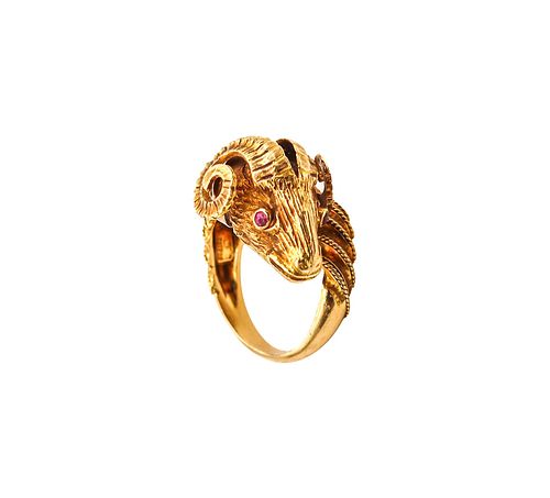 Lalaounis 1970 Ram Ring In Textured 18Kt Gold With Rubies And Sapphire