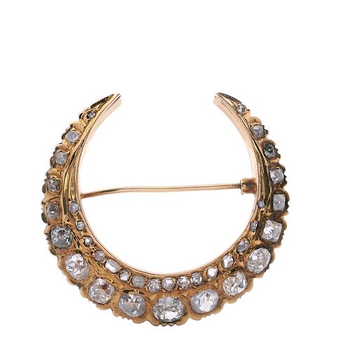 3.80 Cts in Old mine Diamonds 18kt Gold Crescent moon Brooch